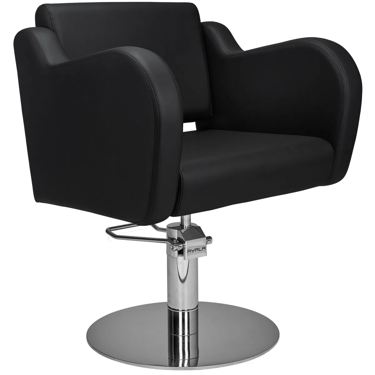 AYALA Friseurstuhl HOLLY Polster schwarz für Kosmetik- und Friseursalon, Polsterarmlehnen, Hydraulikpumpe, schwarze Steppnähte