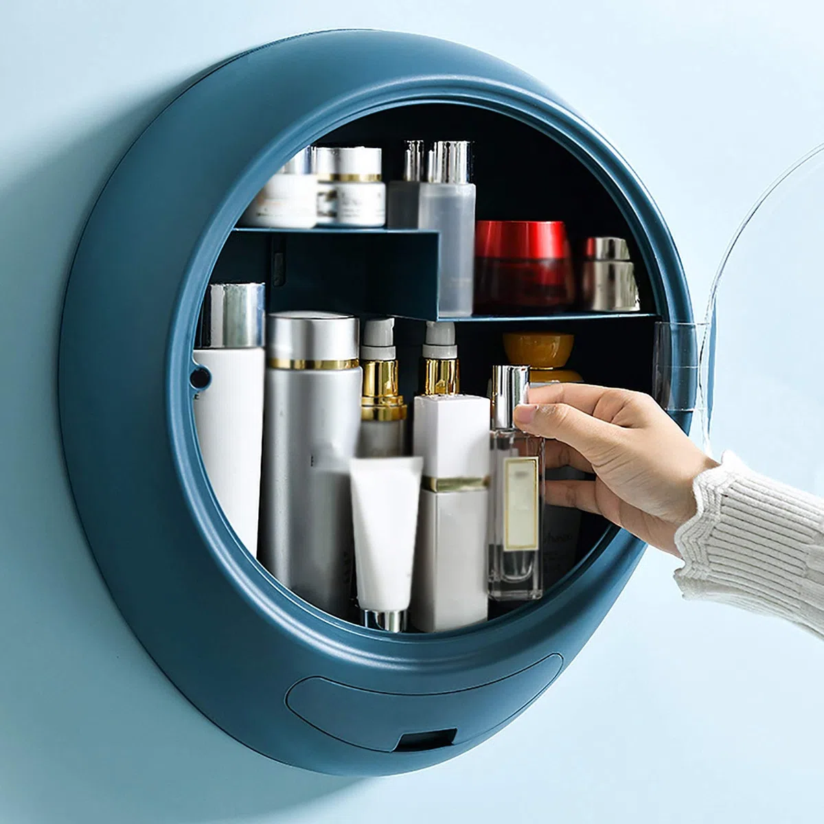 Kosmetik-Aufbewahrungsbox Wandmontierter kosmetischer Aufbewahrungsbox perforiert Kostenloser Kosmetikkasten Hautpflegeprodukt-Produkt-Rack für Kommode und Badezimmer(Blue)
