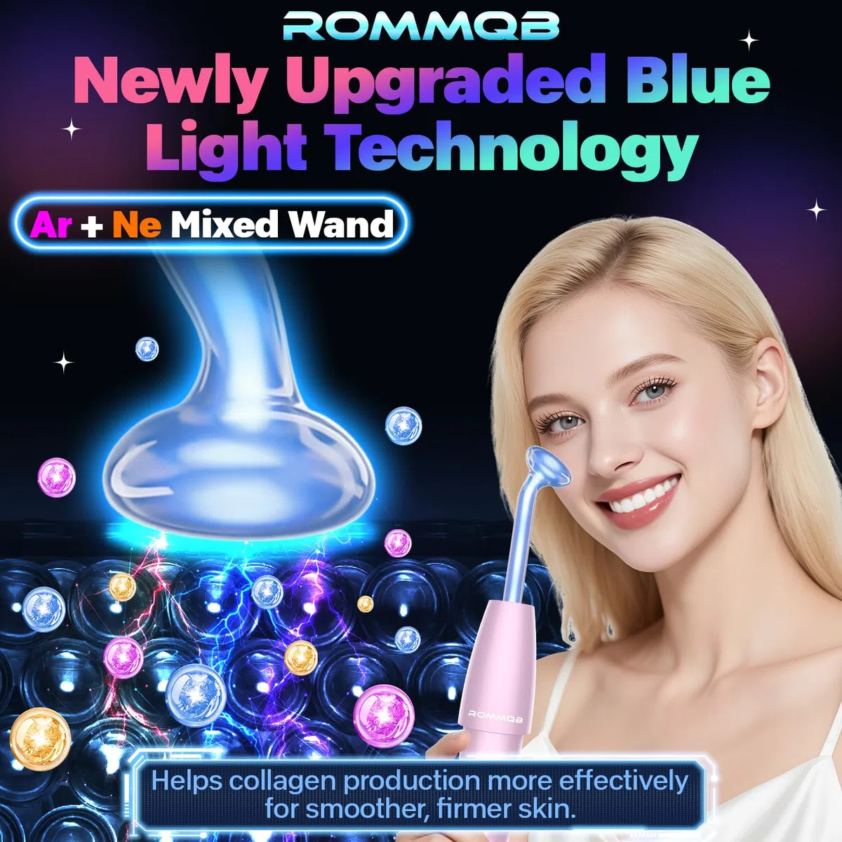 Hochfrequenzstab Gesicht, ROMMQB Argon und Neon-Hauttherapiegerät mit 4 Blauen Lichtröhren, Professionelles Hochfrequenzgerät für Haarwuchs, Akneentfernung, Home Hochfrequenz gerat
