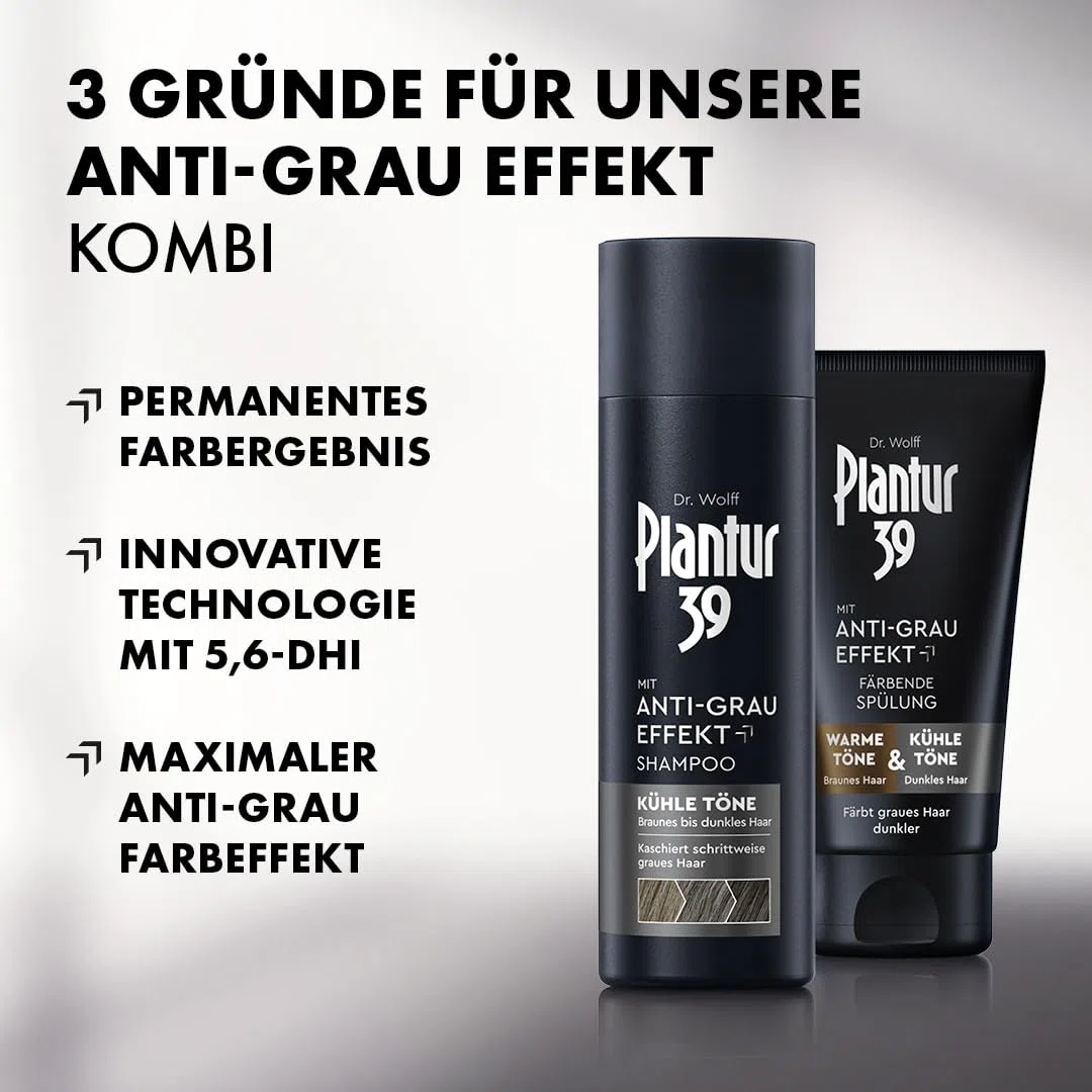 Plantur 39 Anti-Grau Effekt - Set aus Shampoo 200 ml und färbender Spülung 150 ml - Für kühle Töne und dunkles Haar - Kaschiert schrittweise graues Haar und färbt dunkler