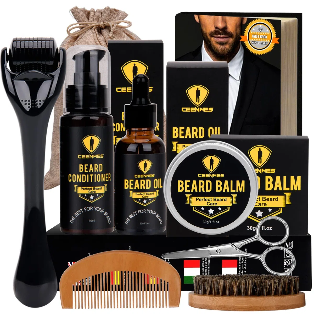 Bartpflege Set 9 in 1 Bartpflegeset Bartshampoo Bartöl Bartbalsam für Bart Pflege Bartbürste Bartkamm Bartschere Bartschablone Perfektes Geschenk für Männer