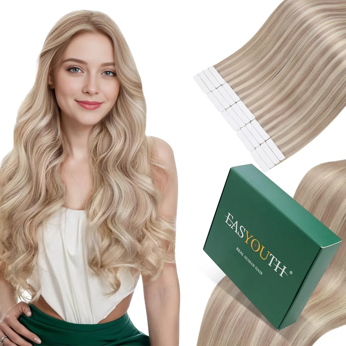 Easyouth Balayage Extensions Tape on Haar 16 Zoll 40g 20Stück pro Paket Aschblondes Highlight mit Hellblond Extension Tape in Echthaar Tape on Extensions Löser