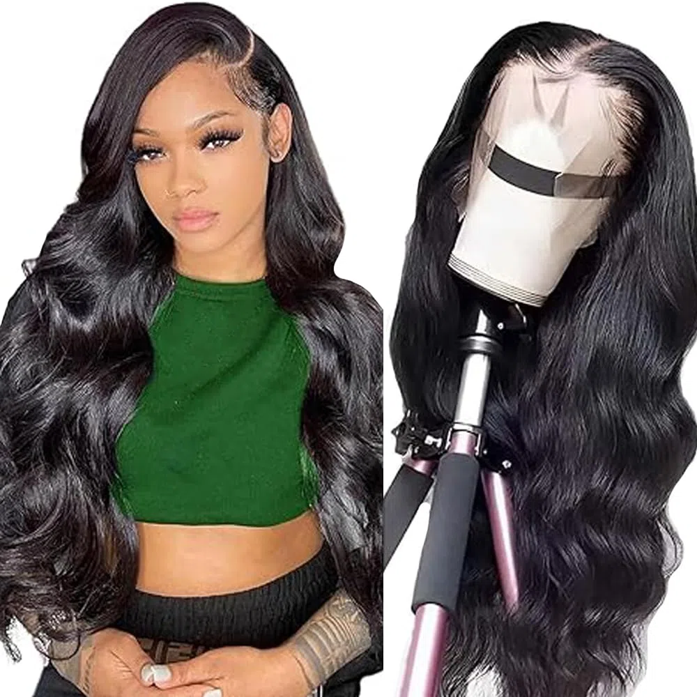 Echthaar Perücke Damen Human Hair Wig 13X4 Transparent Lace Natural Black Body Wave 18 Zoll