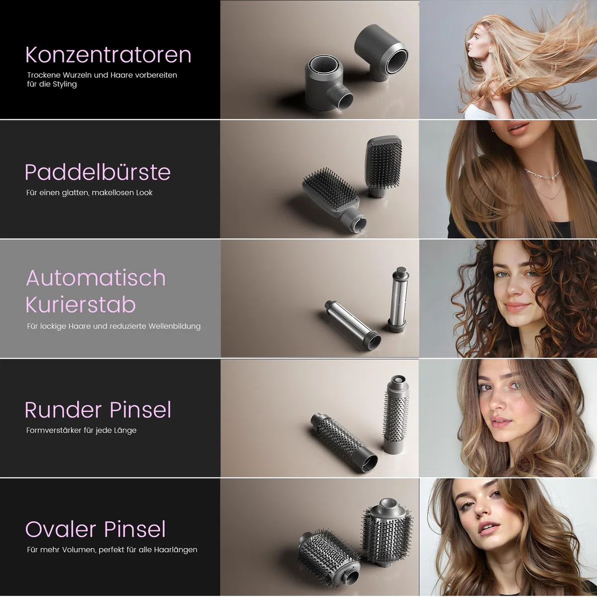 Hairstyler 6 In 1 Airstyler mit Rundbürstenföhn, 110.000 U/min, 1400W Airwrap für Locken, Volumen, Glätten, Trocknen, Grey