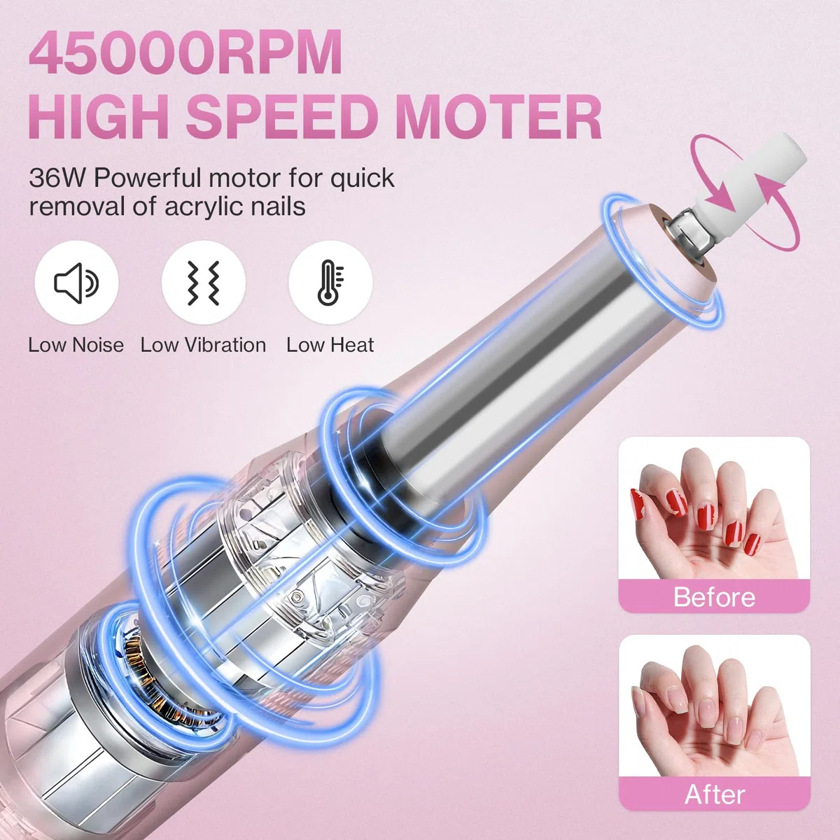 Elektrischer Nagelfeile Nagelfräser für Gelnägel, 45000 U/min Nagelfräser Professioneller mit LCD-Anzeige, Maniküre Pediküre Set mit Multifunktionale Basis und Touch-Button-Steuerung (Rosa)