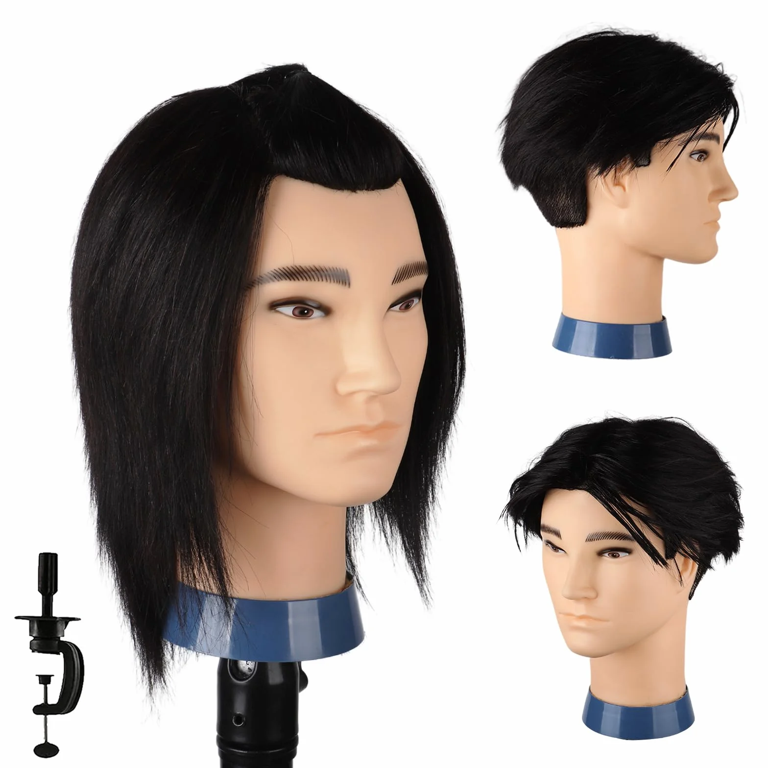 Mann Frisierkopf 100% Echthaar, Frisurenkopf Männlicher Haarschnitt Übungskopf mit Haar, Friseur Kopf Mannequin Head Puppenkopf mit Tischklemme (Schwarz, 35 cm)