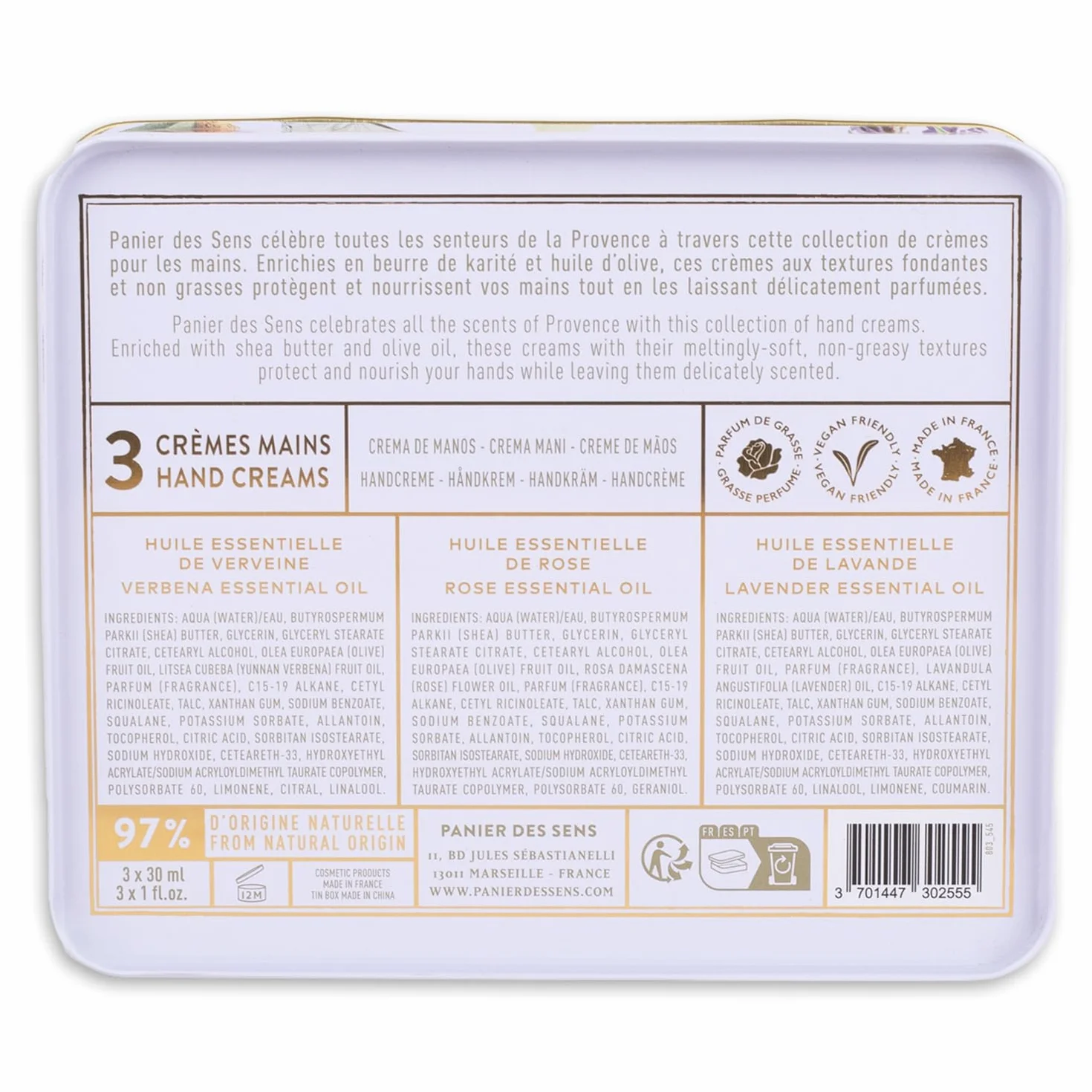 Panier des Sens - Geschenk für Frauen - Trio aus natürlicher Handcreme 3x30ml, Eisenkraut, Rose, Lavendel - Geschenkideen für Frauen - Geschenkset mit 97% natürlichen Inhaltsstoffen – Hand Cream