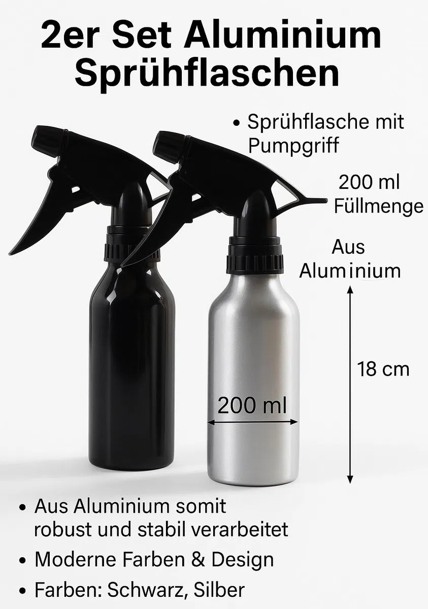 2er Set Sprühflaschen Aluminium 200 ml Nachfüllbar Zerstäuber Pumpsprüher Schwarz Silber BPA-frei