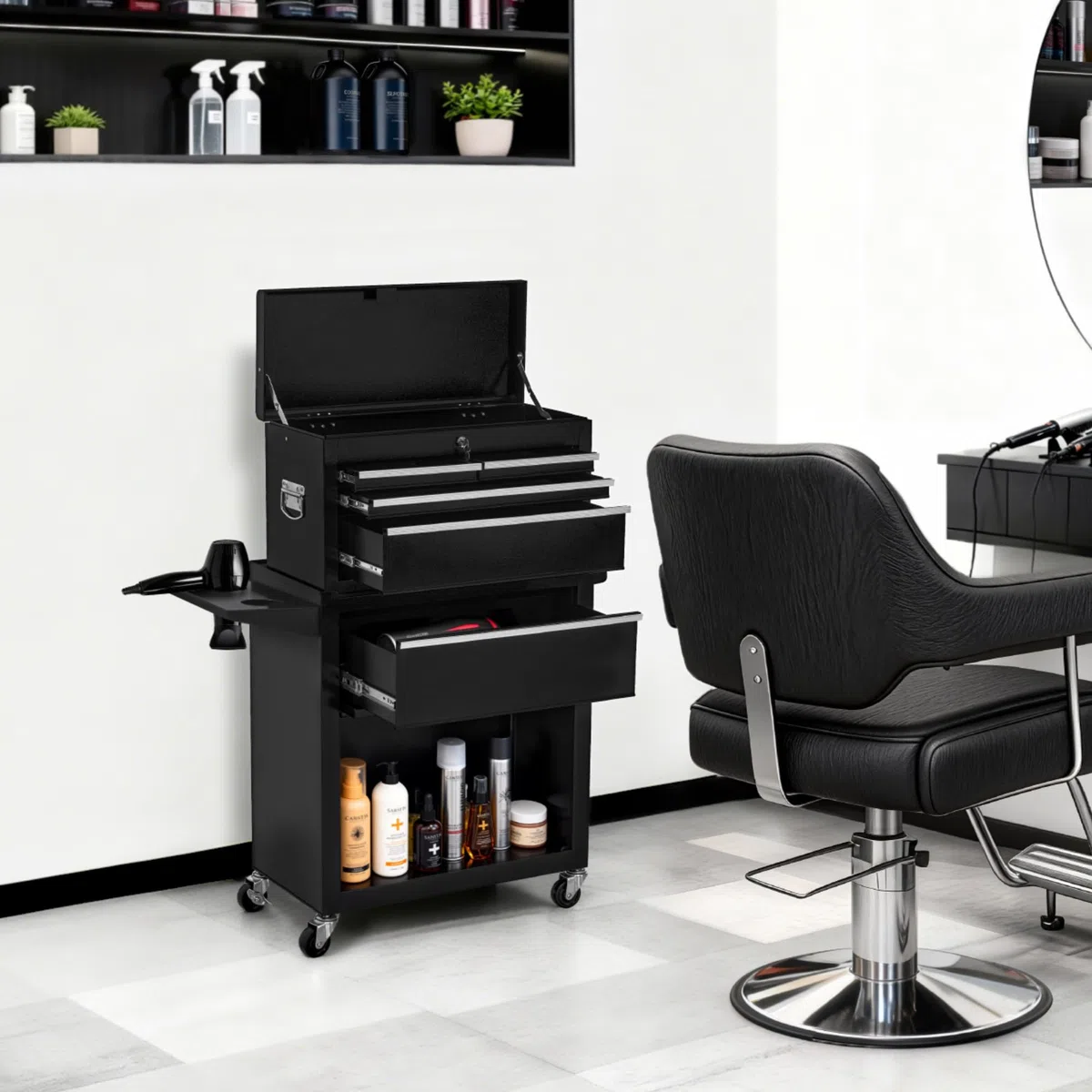BarberPub 2 in 1 Friseurwagen mit 5 Schubladen & Schrank, abschließbar, Metall, Schwarz-Silber