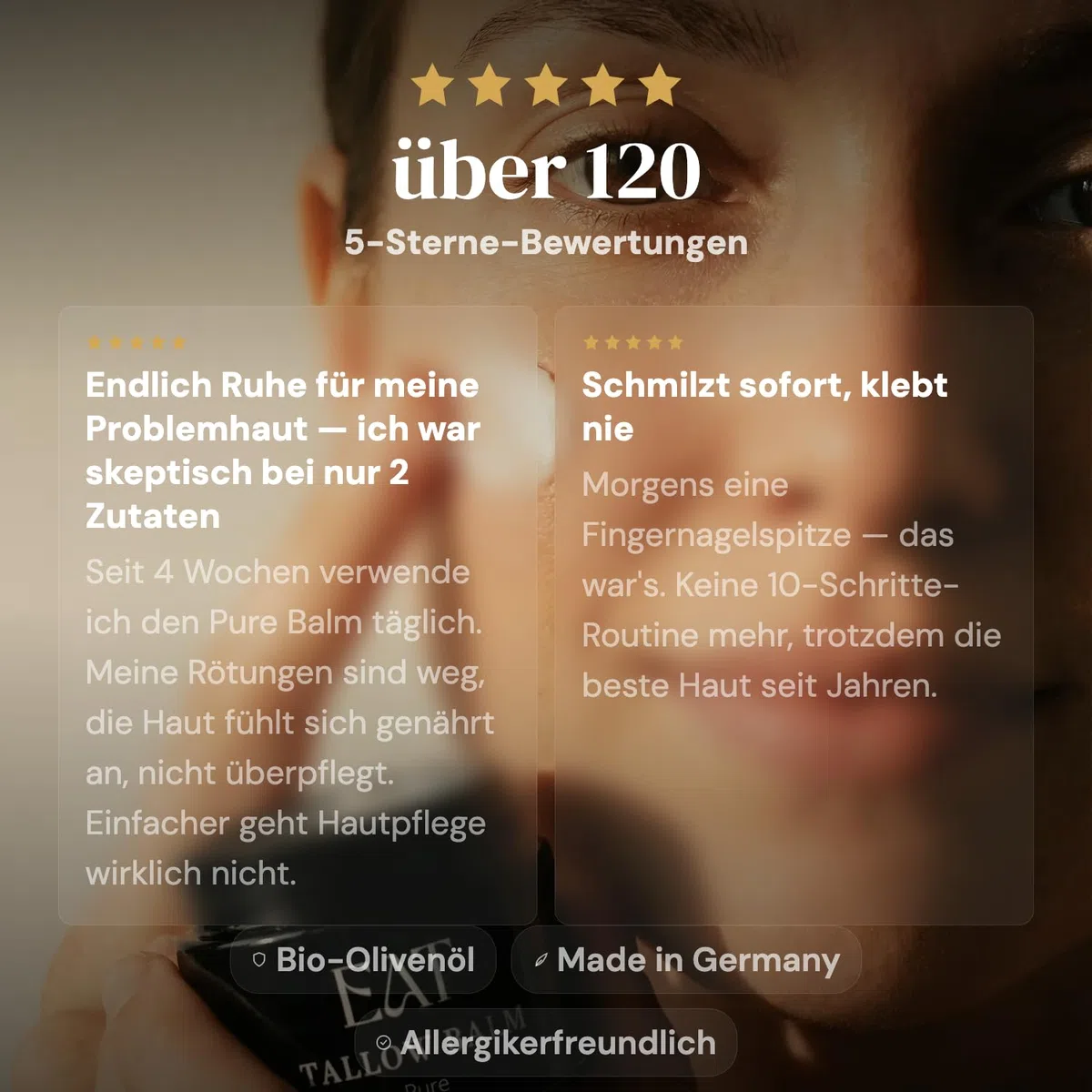 EAT Tallow Balm Pure Bio – Natürliche Hautpflege mit Rindertalg vom Deutschen Weiderind – mit Bio-Olivenöl – Gesicht, Körper & empfindliche Haut – 2 Inhaltsstoffe - Creme für Allergiker (100 ml)