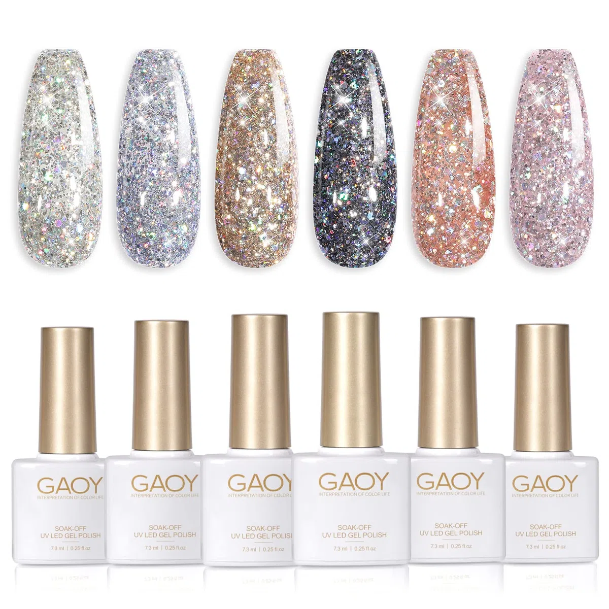 GAOY Chrom-Platin-Glitzer-Nagellack-Set, 6 Farben, einschließlich funkelnder, glänzender UV-LED-Soak-Off-Gellack, Schwarz, Silber, Rosa, Maniküre, Nagelstudio-Lack