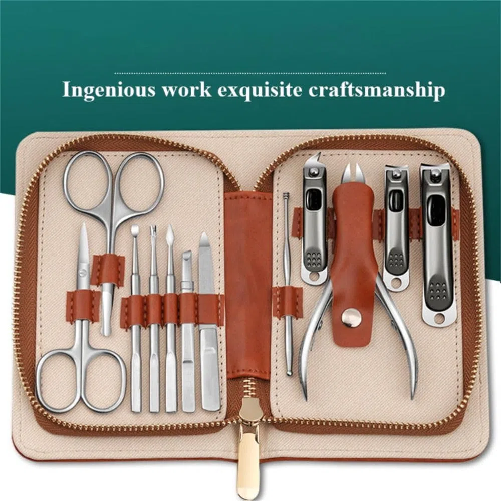 Maniküre-Set, graues Vollnarbenleder, Nagelknipser-Sets, rostfreie Schere, braun