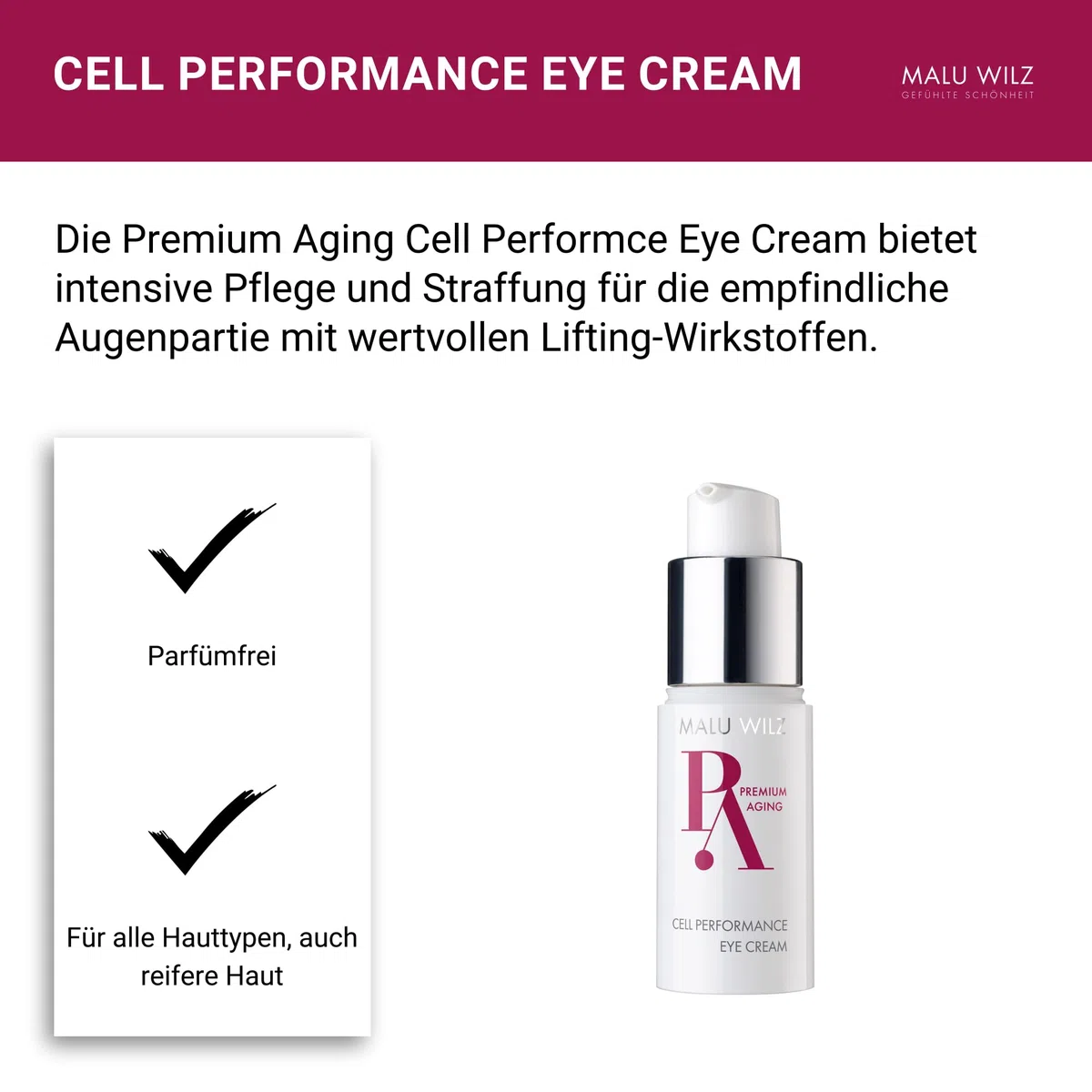 Malu Wilz Premium Aging Cell Performance Eye Cream 15ml I Anti Aging Augencreme gegen Falten und Augenringe I Augenpflege für beanspruchte Augenpartien