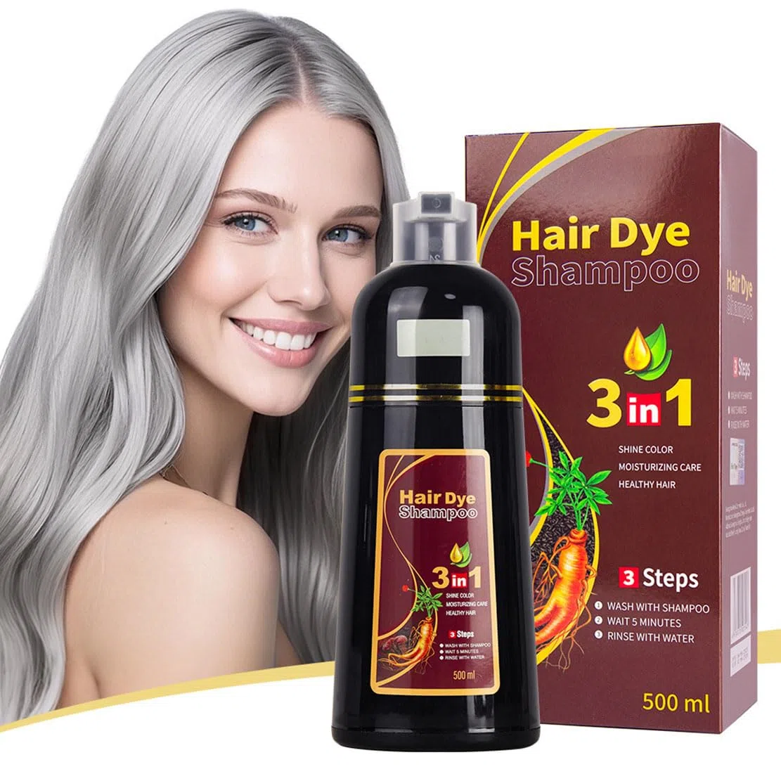 Haarfärbeshampoo, Grauabdeckung, einfach anzuwendende Haarfarbe, langanhaltende Haarfarbe, mit Ginseng und Kräuteressenzen, für Frauen und Männer, 9 Trendfarben, für alle Haartypen (Sliver)