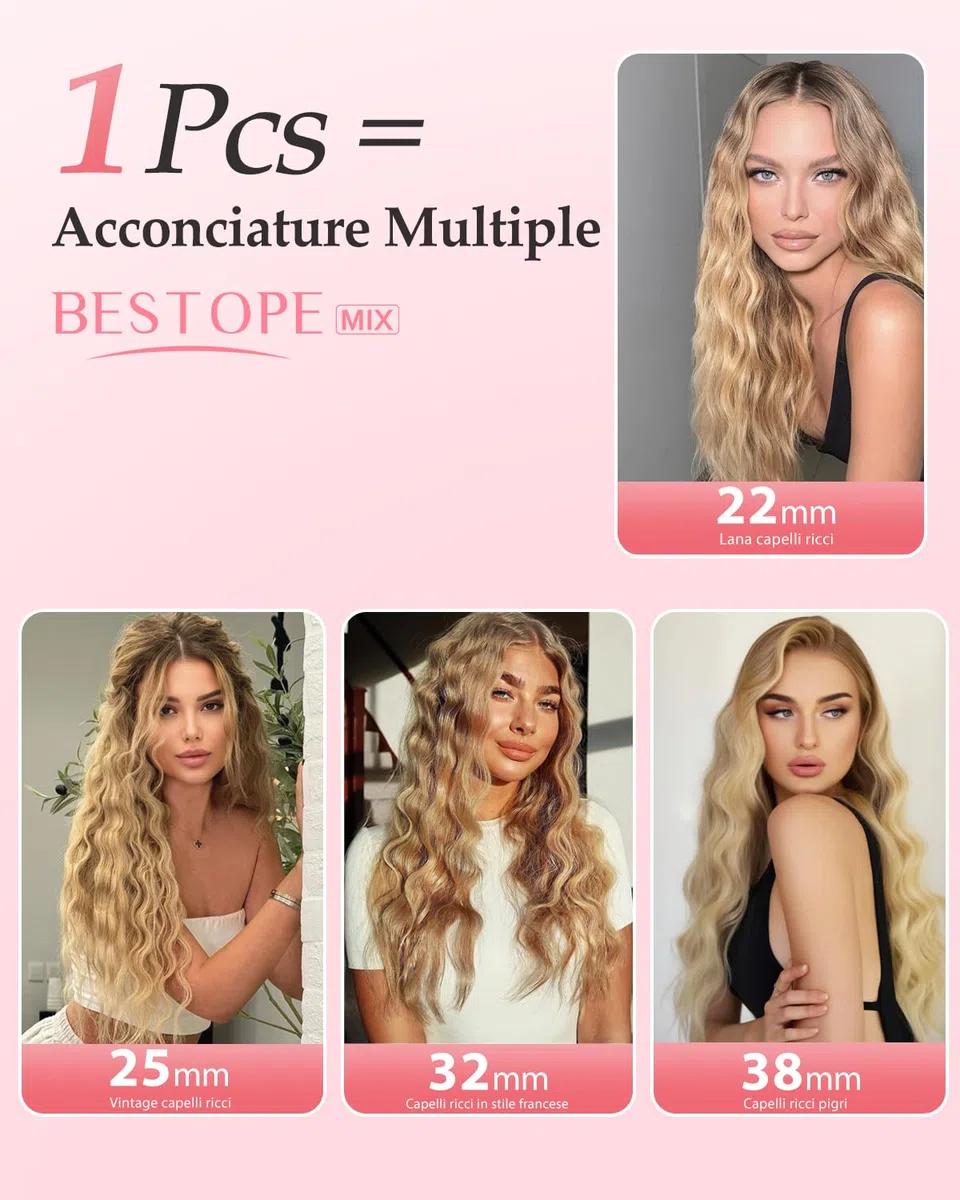 4 In 1 Einstellbar Welleneisen für Haare - 22/25/32/38mm Lockenstab für Beach Waves/Natürlich Wellen/Wasserwellen/Mermaid Waves, Anzeige, 4 Temperaturen(140-210°C), 3 Fässer Welleneisen, Schwarz Rose