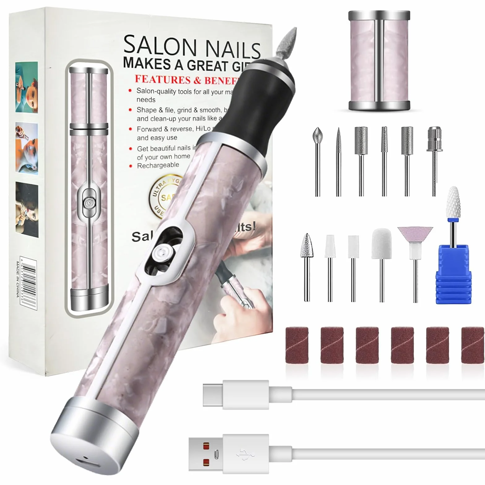 Nagelfräser Kabellos, 20000 u/Min Elektrische Nagelfeile Pediküre mit 12 Schleifköpfen 6 Schleifstufen 4 einstellbaren Geschwindigkeiten, Maniküre für Hand und Fußnägel Entfernt Gel Nagellack