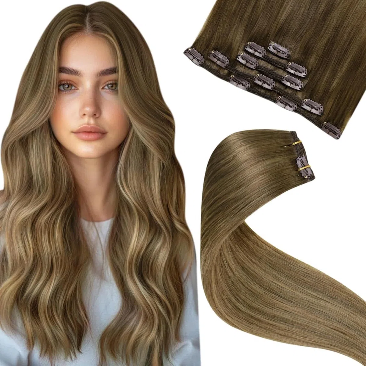 LaaVoo Echthaar Extensions Clip in Aschiges Hellbraun mit Beigenuancen Remy Menschenhaar 30cm 5pcs 80g #6/8/14