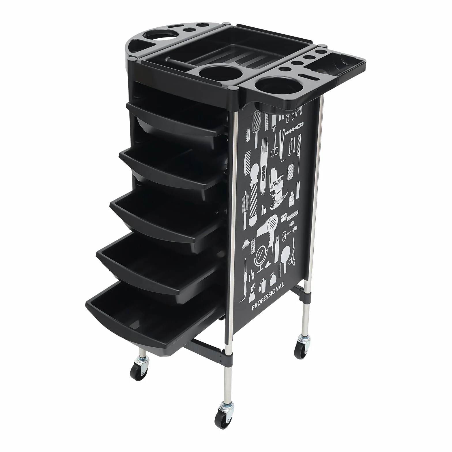 Friseurwagen, Arbeitswagen Rollwagen, mit 5 Schubladen Salon Trolley für Beauty Salon, Salonhilfe Friseur Arbeitswagen Wagen, Schwarz