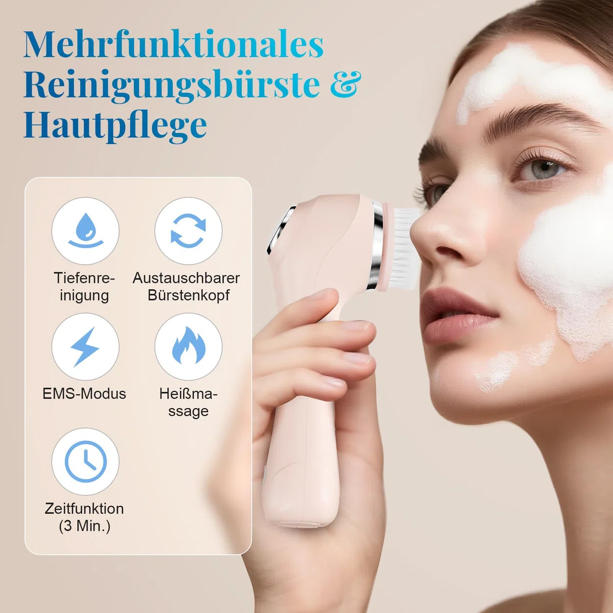 Elektrische Gesichtsreinigungsbürste, 2 in 1 Gesichtsbürste Mit 4 Bürstenköpfen, EMS Gesichtsmassagegerät mit Heizung Wasserdichte Gesichtsreinigung Tiefenreinigung für alle Hauttypen (Rosa)
