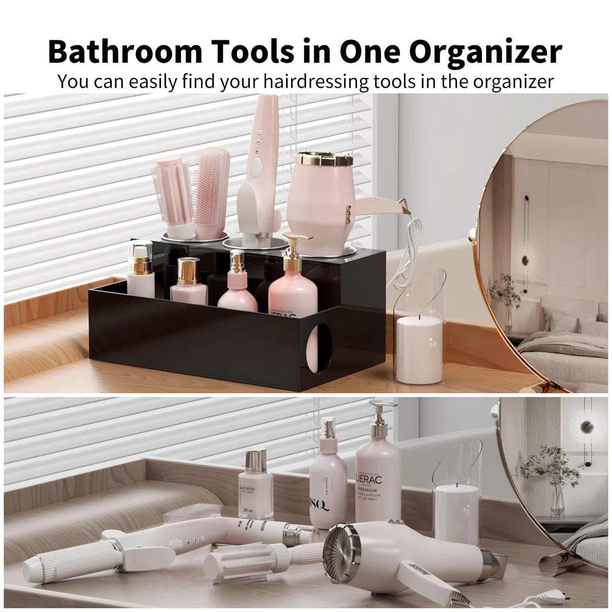 NIUBEE Haar-Werkzeug-Organizer, schwarzer Acryl-Haartrockner und Styling-Organizer, Badezimmer-Aufsatz-Föhn-Halter, Kosmetik-Caddy Aufbewahrungsständer für Zubehör, Make-up, Toilettenartikel
