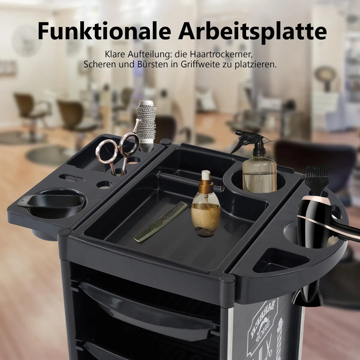 Barberpub Friseurwagen mit 4 Schubladen und Rollen, Drehbar, 36 x 52,5 x 84,5 cm, Schwarz
