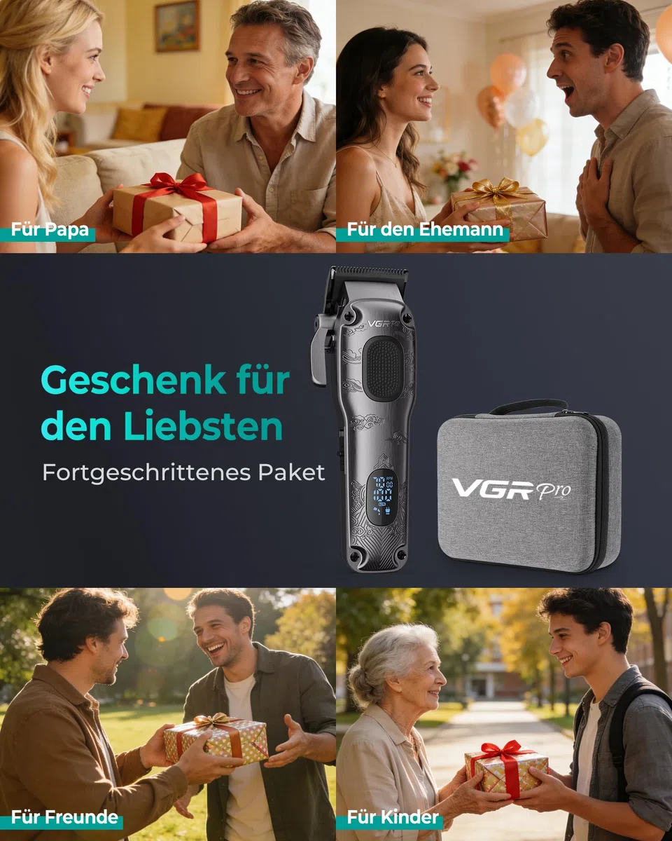 VGRPRO Haarschneidemaschine Profi Akku kabellos Clipper mit Etui LED-Anzeige Grau