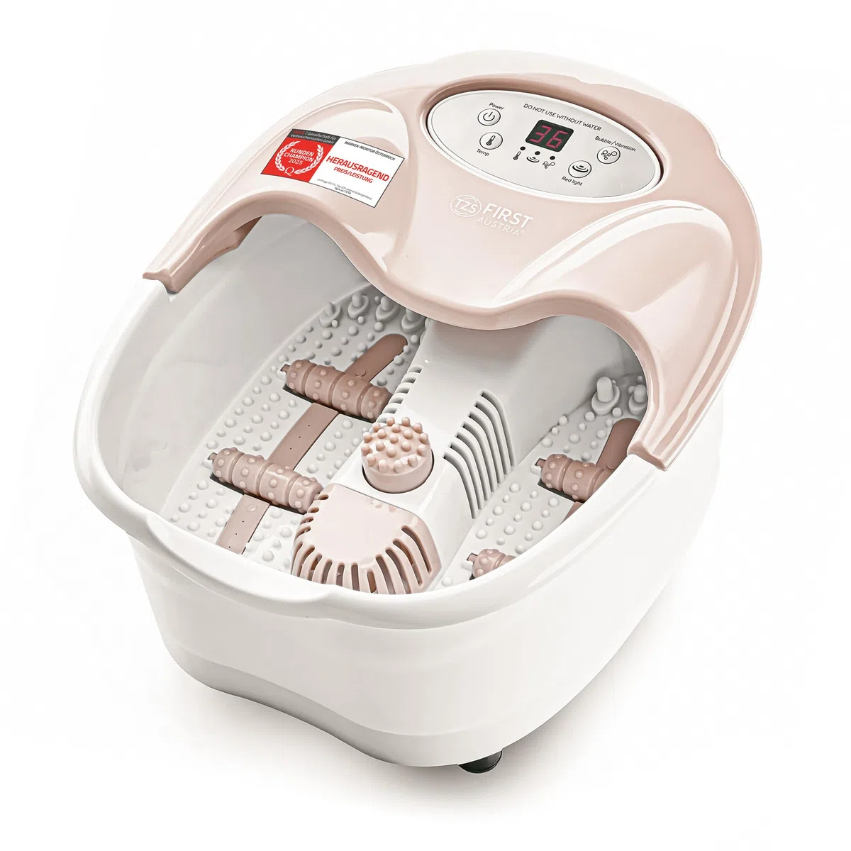 TZS First Austria - Fußbad mit Massagefunktion Digital - 450W - LED-Display & Rotlicht - Bis Schuhgröße 43 - Elektrisches Fußsprudelbad mit 3 Aufsätzen, Spritzschutz & Aromabox - Beige