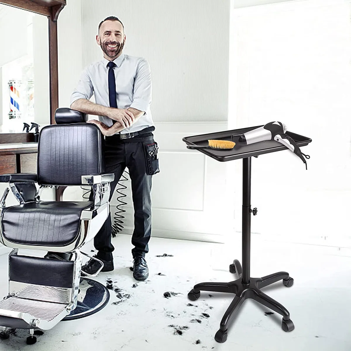 Salon Tablett mit Rädern Aluminiumwagen Beauty Trolley Einstellbare Höhe 360 Grad Schwenkräder für Dental Carts Friseur Cart Schwarz
