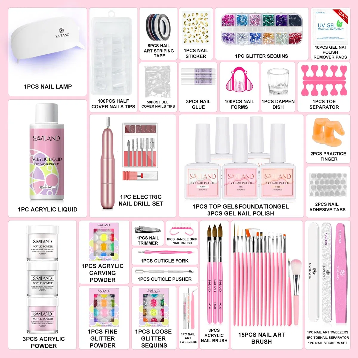 SAVILAND Acryl Nagelset Starterset Komplett: Gelnägel Starterset, Gel Nagellack Acrylpulver Nagelfräser U V Lampe Acryl Liquid Nagelbürste Nägel Selber Machen Nail Art Maniküre Geschenk für Frauen