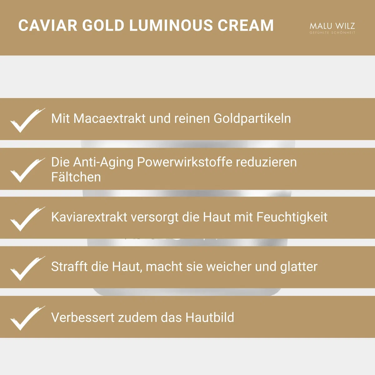 Malu Wilz Caviar Gold Luminous Cream 50ml I Gesichtscreme Damen I Feuchtigkeitsspendende Anti Falten Creme mit Kaviar Extrakt, Hyaluronsäure & Goldpartikeln für glatte Haut | Feuchtigkeitsspendend, Anti Falten, Kaviar Extrakt, Hyaluronsäure, Goldpartikel