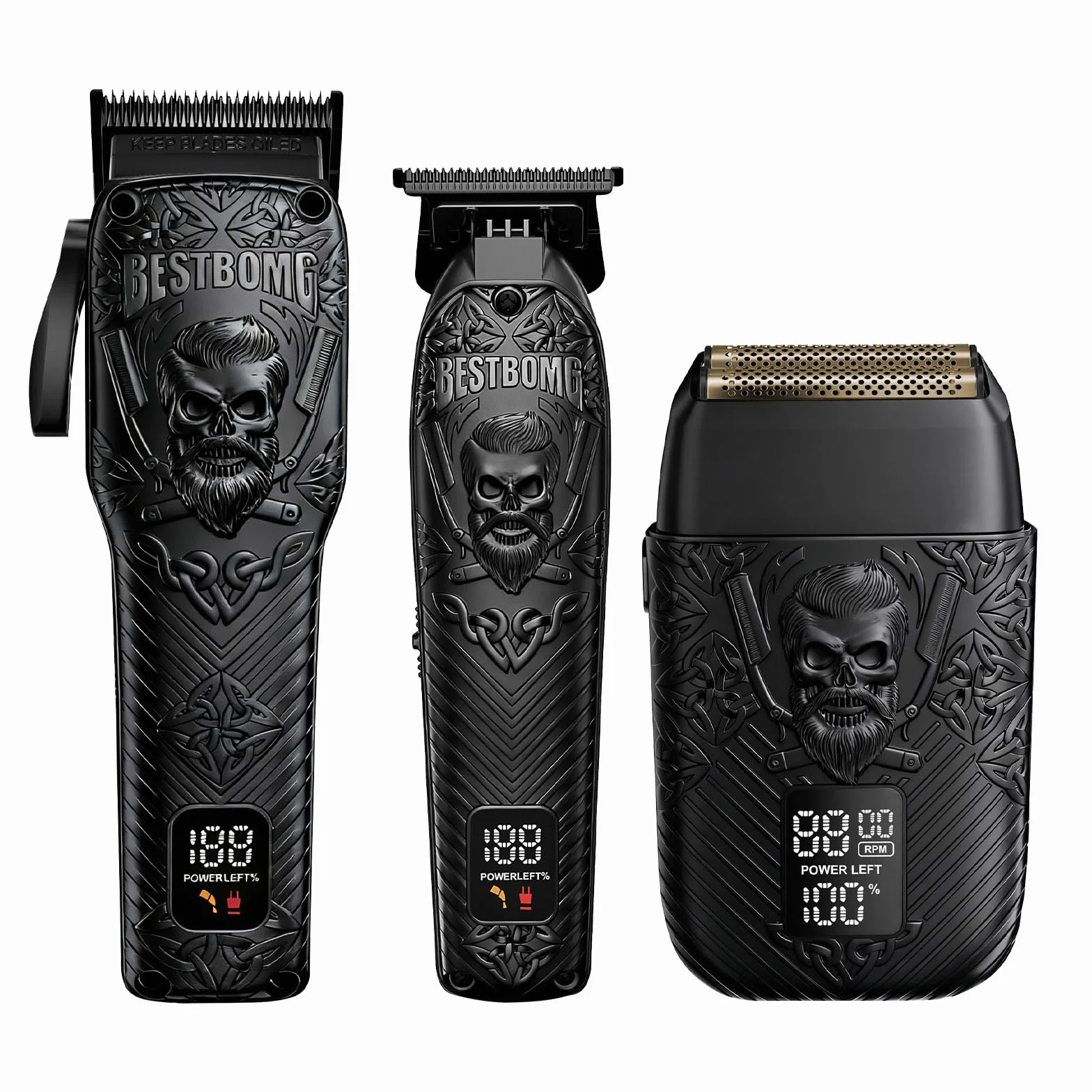 BESTBOMG Professionelle Schnurlose Herren Haarschneidemaschine & Bartschneider und Elektrische Rasierer Sets & Kits, Metall Haarschneidemaschine Schneide- und Pflegeset mit langer Akkulaufzeit für den