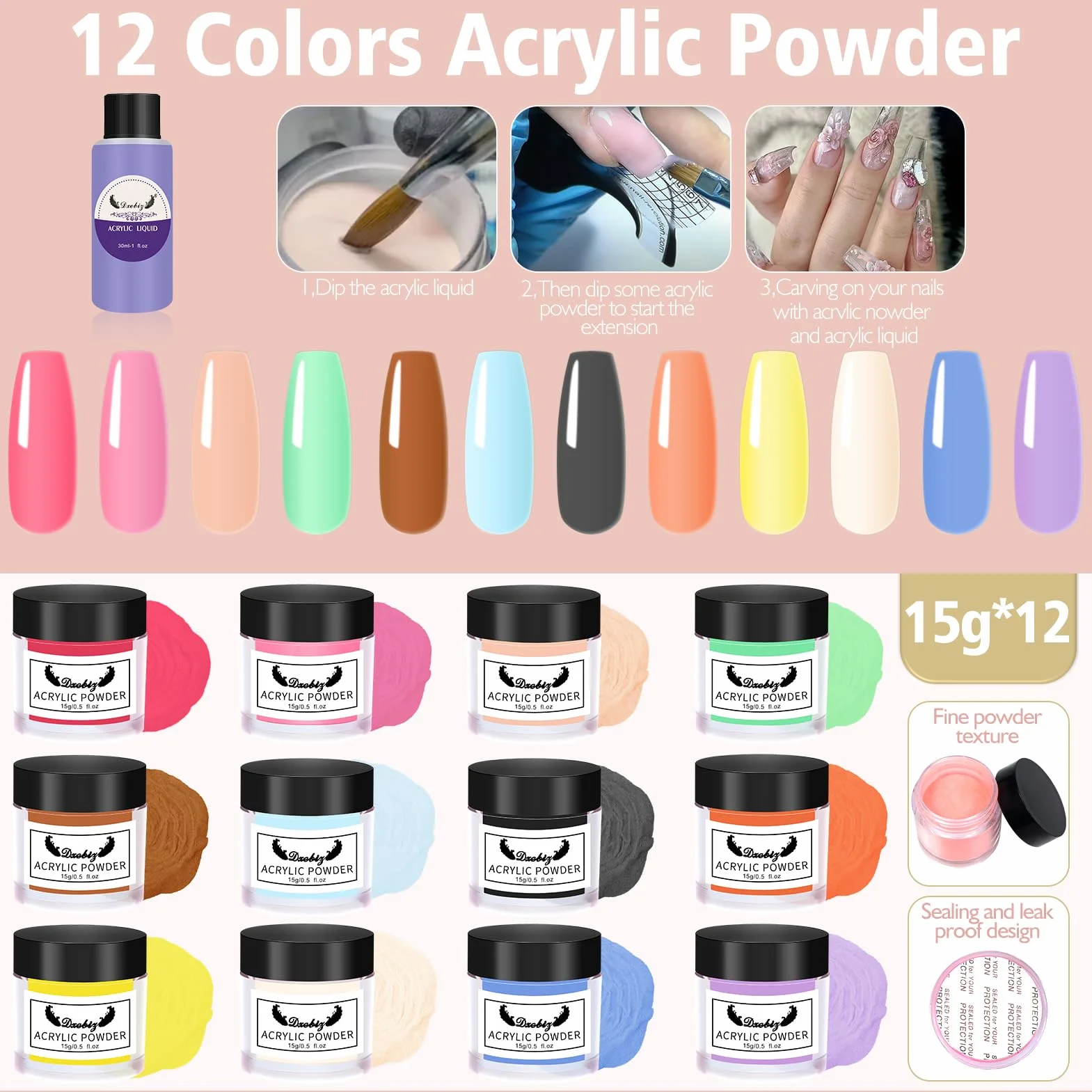 Milai Acryl Nagelset,Acrylic Nail Set mit 180W UV Nail Lamp&Nagelfräser,60ML Flüssigkeit,Acryl Pulver Nails Set-12 Colours powder,Nagelbürsten Nageldesign Nail Art für DIY Nail Art Dekoration