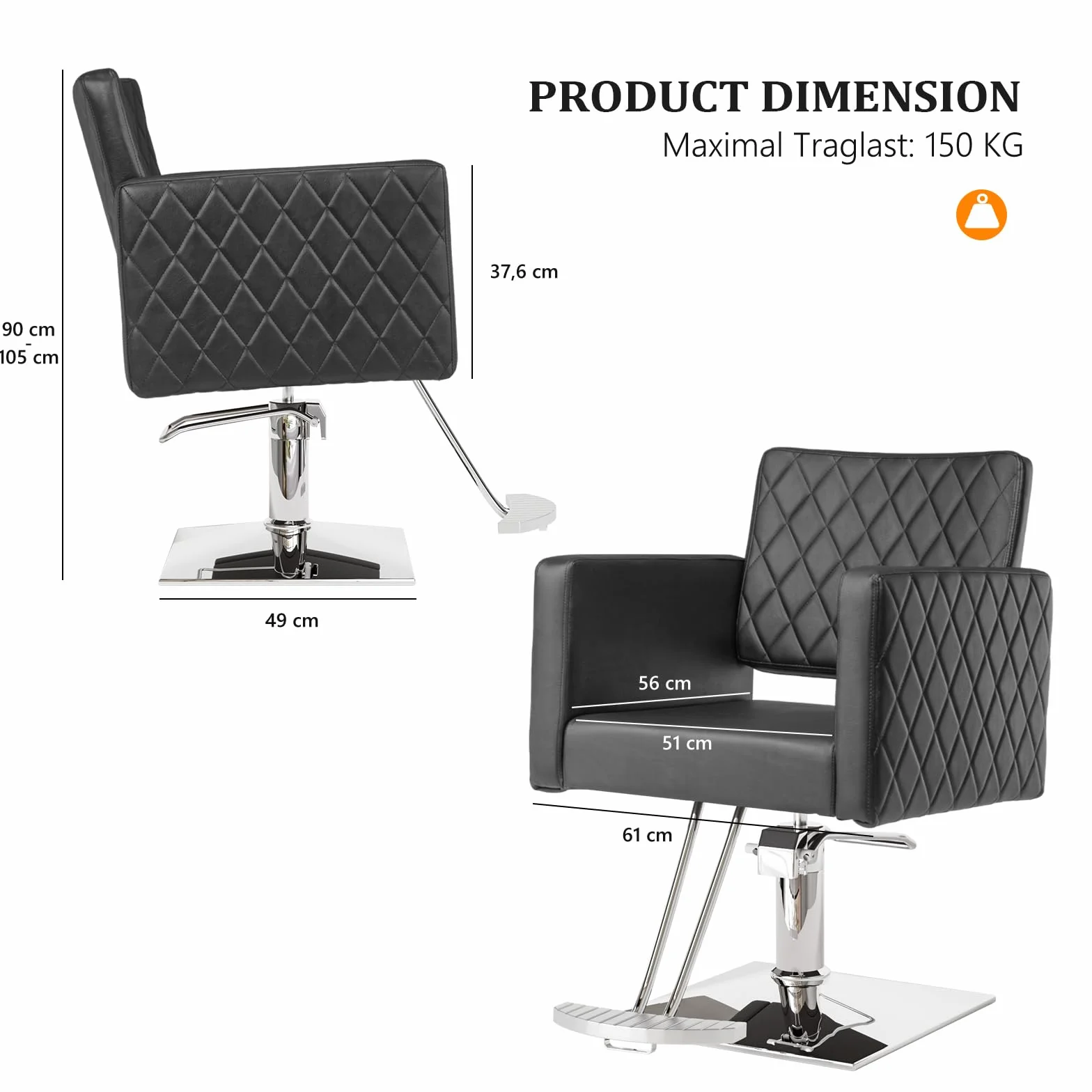 Bonnlo Friseurstuhl höhenverstellbar 90-105 cm, 360° Drehbar, 150 kg Tragkraft, Barberstuhl aus PVC-Leder, Schwarz