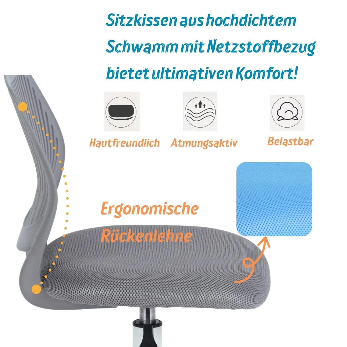 FurnitureR Friseurstuhl ergonomischer Drehstuhl ohne Armlehnen, höhenverstellbar, Netzrückenlehne, Metallfuß mit Rollen, 38x40cm Sitz, 130kg, Dunkelgrau