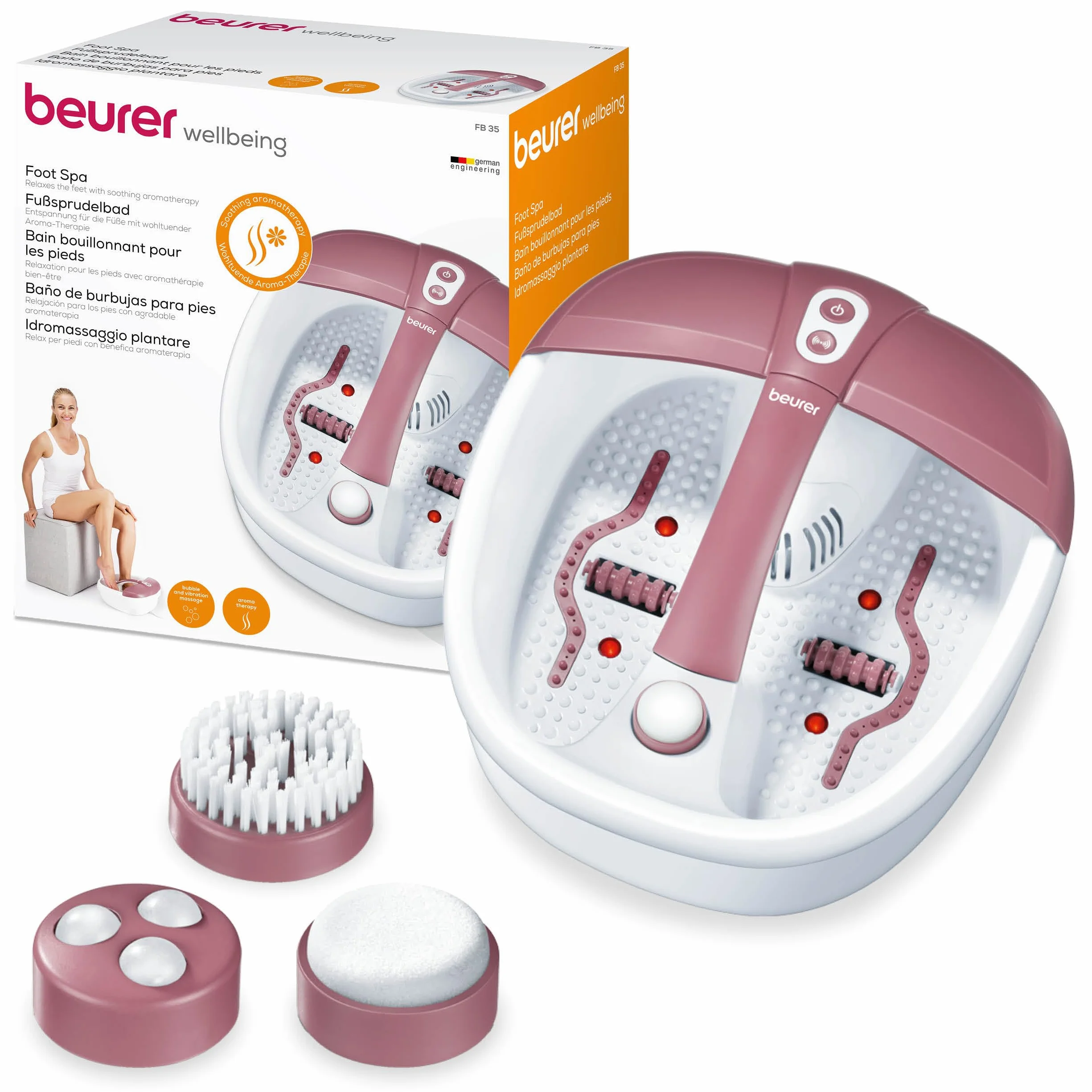 Beurer FB 35 Fußsprudelbad mit Vibrations- & Sprudelmassage, inkl. 3 wechselbaren Pediküre-Aufsätzen, mit Wassertemperierung, Infrarot-lichtpunkte & Möglichkeit zur Aromatherapie, bis Schuhgröße 44