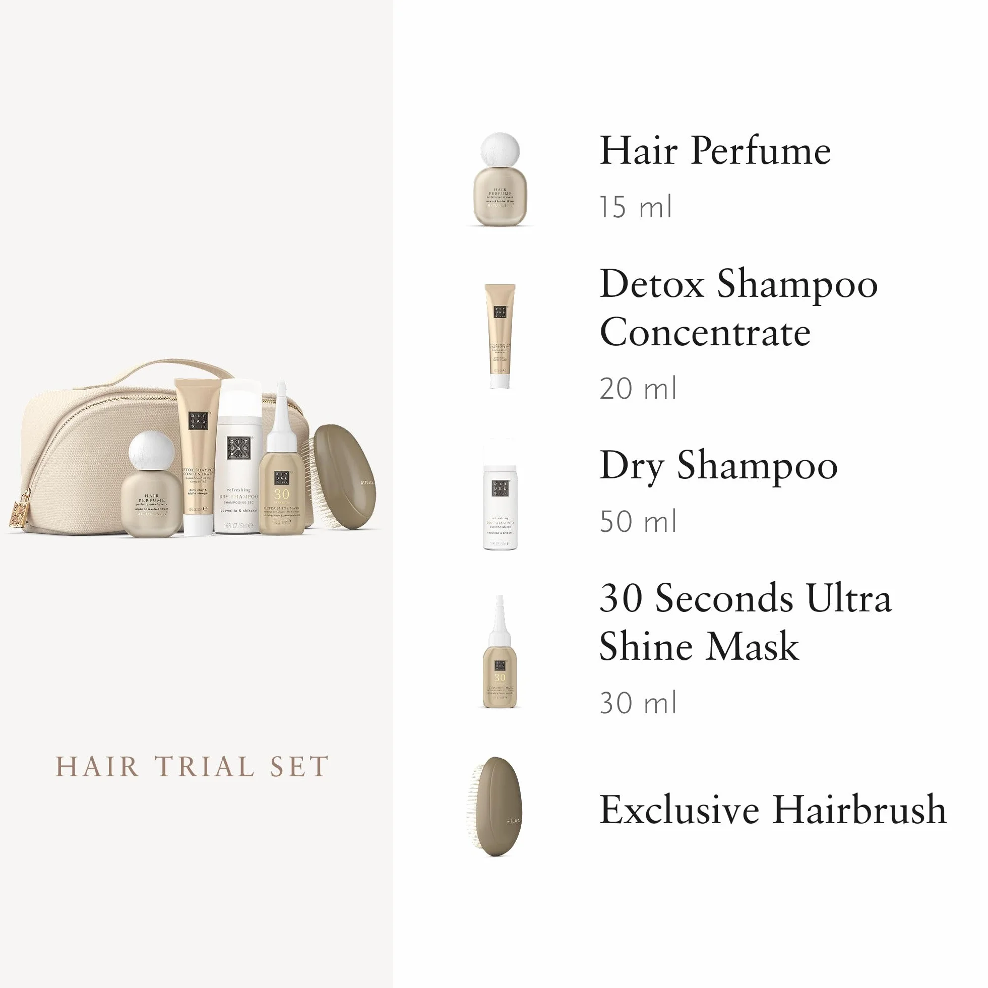 RITUALS Haarpflege Set - 4 Reisegrößen + Exklusive Haarbürste in einer wiederverwendbarer Tasche – Detox Shampoo, Trockenshampoo, Ultra Shine Maske & Haarparfum