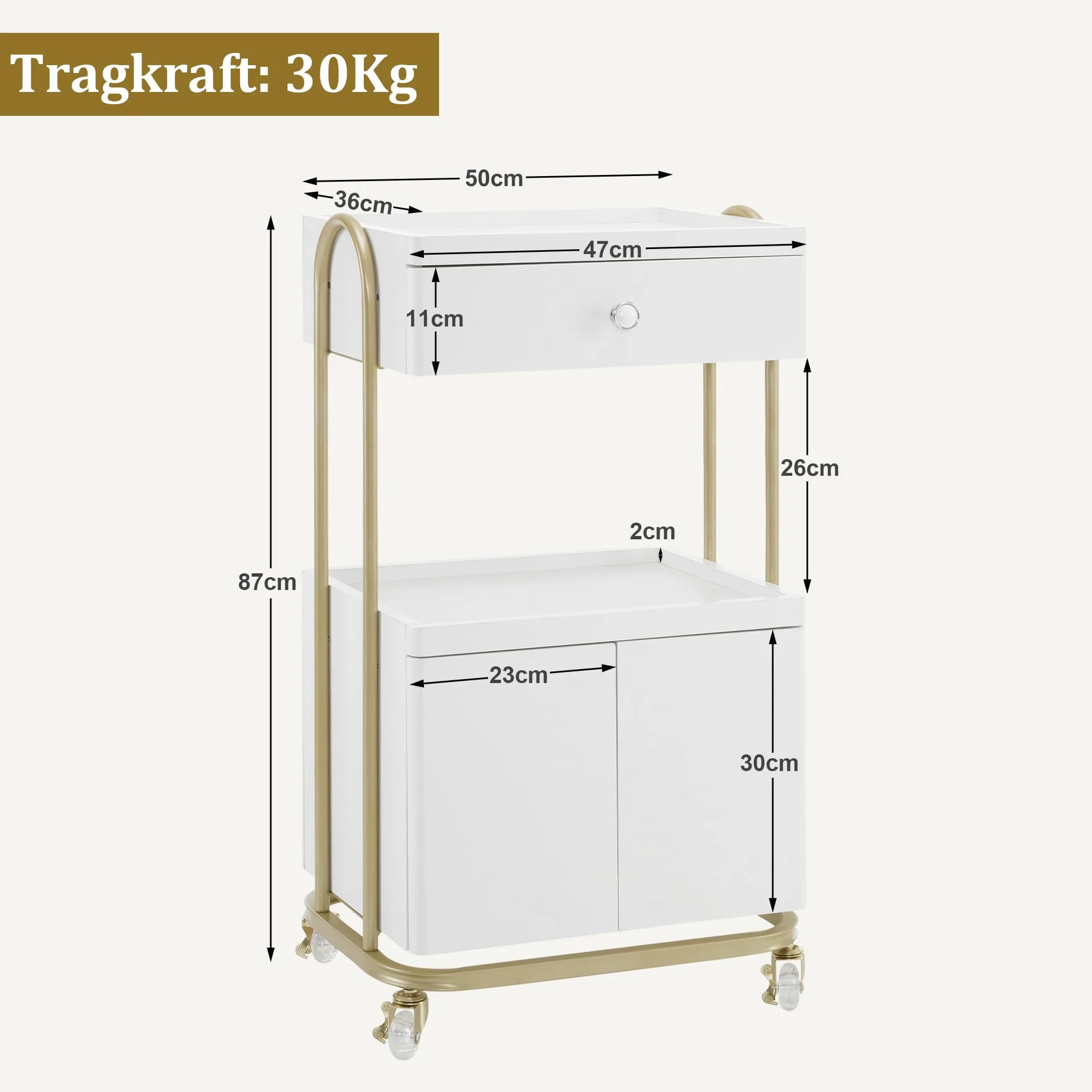 M MCombo Servierwagen mit Rollen & Schublade, Rollwagen Friseurwagen Weiß-Gold, Salon Trolley 36x50x87cm