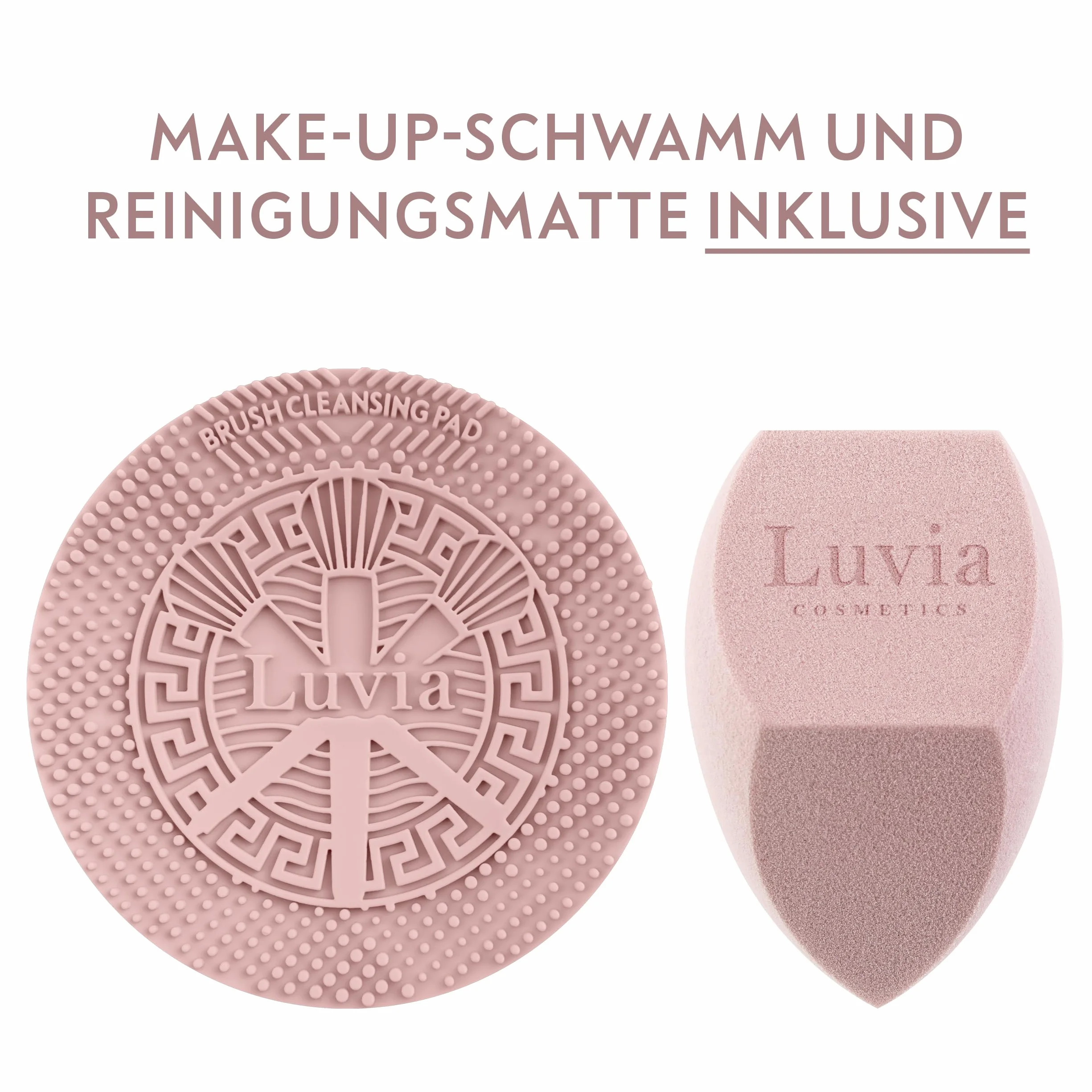 Make-up Pinselset 10-teilig | 7 vegane Schminkpinsel + veganes Leder-Etui, Reinigungsmatte & Blender-Schwamm | Prime Vegan Complete | Für Foundation, Puder & Augen | Candy Rosa/Perlmutt | LUVIA