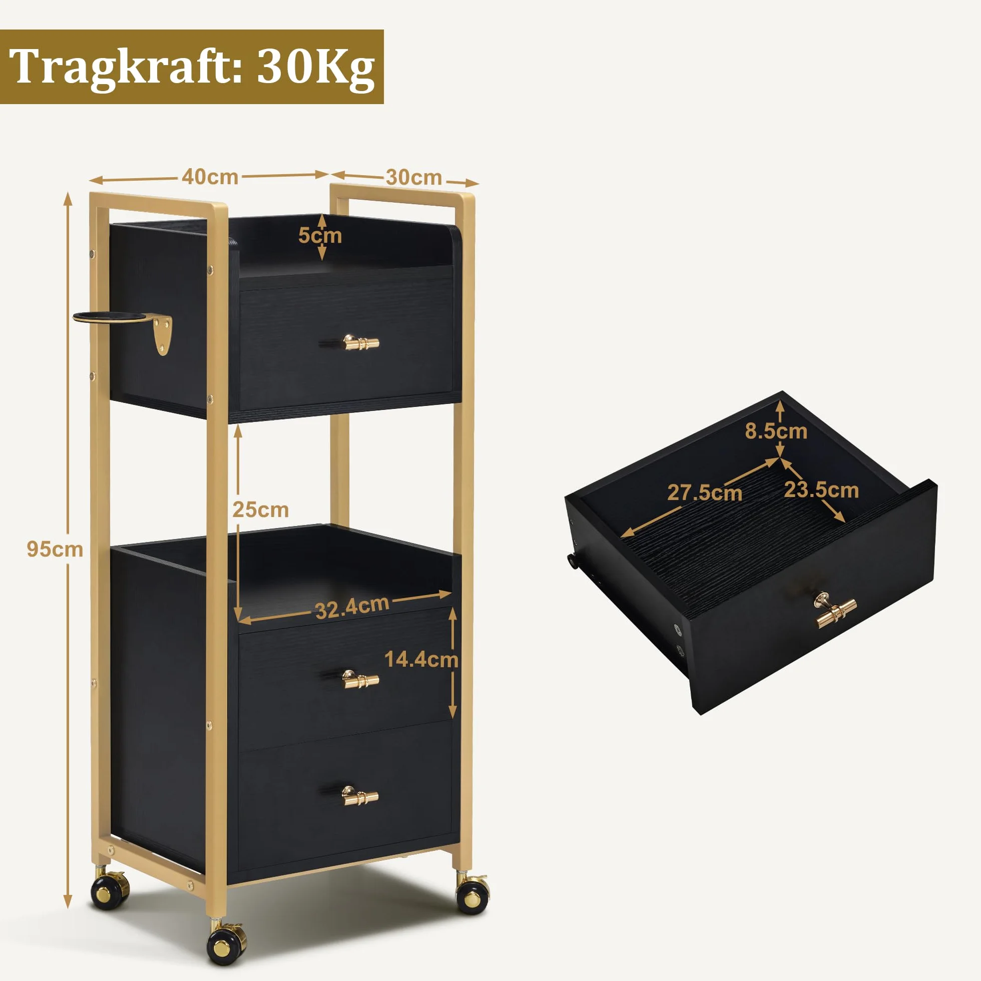 M MCombo Friseurwagen mit Rollen & 3 Schubladen, Rollwagen Servierwagen, Salon Trolley, 30x40x95cm, Schwarz-Gold