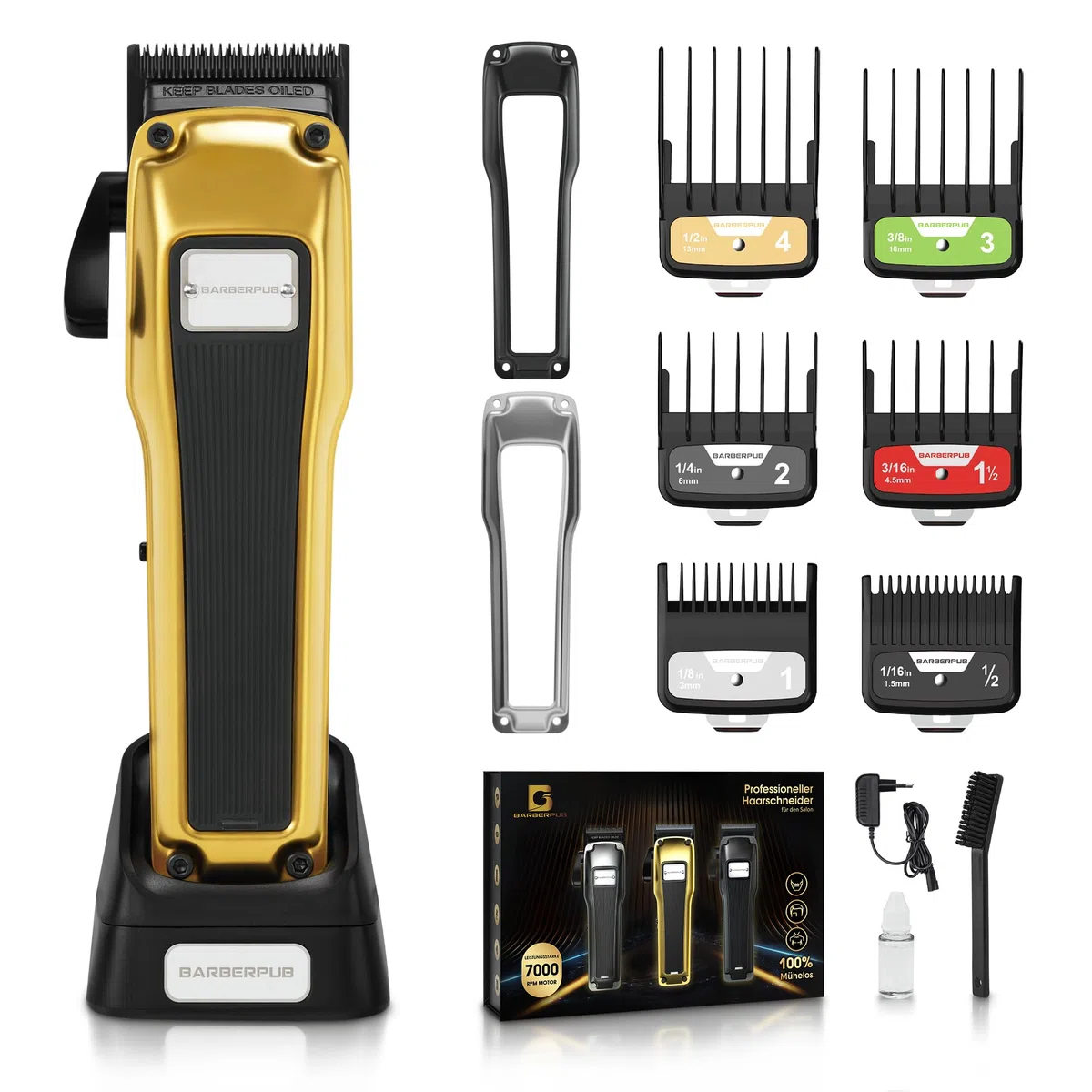BarberPub Haarschneidemaschine Profi, Haarschneider Herren Mit 6 Klingen, 2 Gehäusedeckeln & Ladestation, Haartrimmer Verstellhebel 0,5-2,0mm, Bartschneider Elektrisch für Friseursalon, HC176