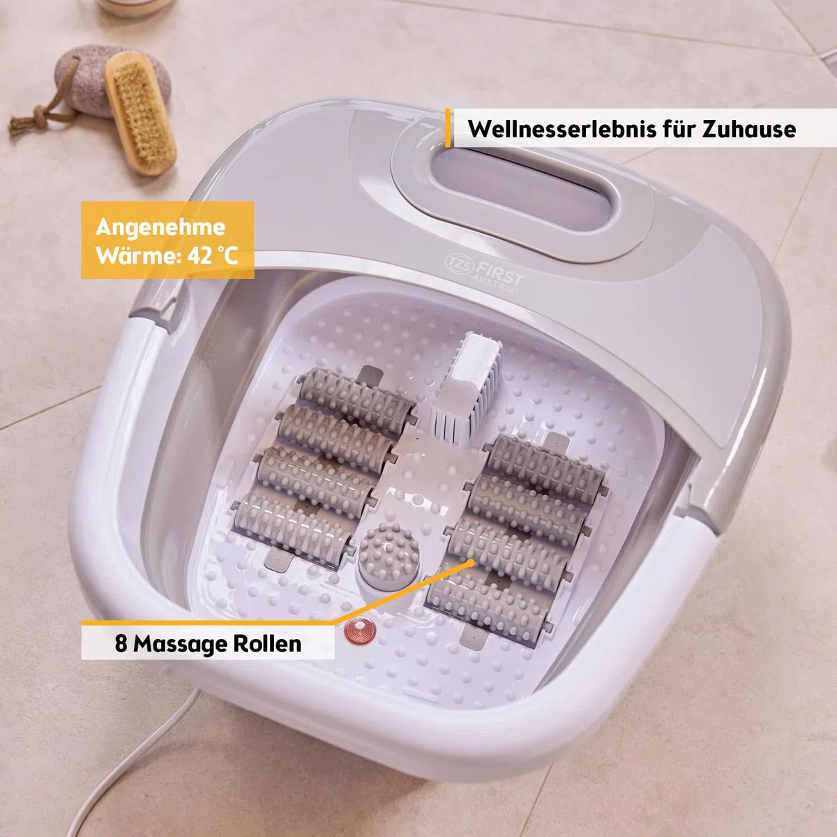 TZS First Austria - Fußsprudelbad 500W - Fußmassagegerät mit 3 Aufsätzen & 8 Massagerollen - Vibrations- & Luftblasenmassage, Infrarot- & Heizfunktion - Klappbar bis Größe 47 - Grau