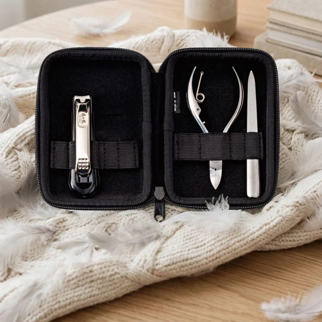 Green Bell Nagelpflege-Set, Nagelknipser mit Auffangbehälter & Feile, Nagelzange, Nagelfeile, Edelstahl, Kunstleder-Etui, 3-teilig, TAKUMI NO WAZA (G-3127)