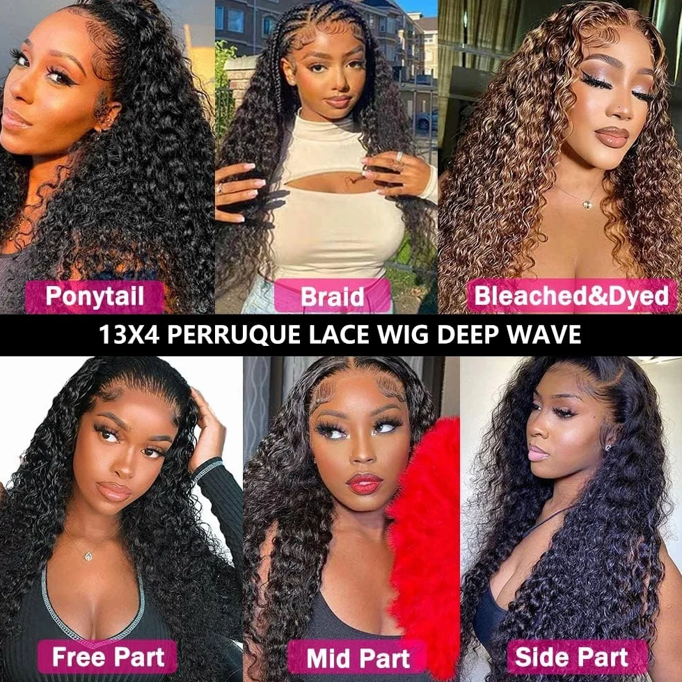 Rebasar Deep Wave 13x4 Lace Front Wigs Human Hair 26 Zoll Menschliches Haar Perücke für Damen 150% Dichte Brazilian Curly Human Hair Wig with Baby Haar Natural Color