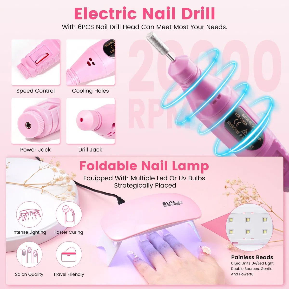 Acryl-Nagel-Set für Anfänger mit allem: Nagel-Acrylpulver-Flüssigkeitsset mit 3 Übungsfingern, Bohrer, UV-Lampe – Nagelkunst-Starter-Kits in rosa Tasche für Frauen, Mädchen, Zuhause, Salon, DIY