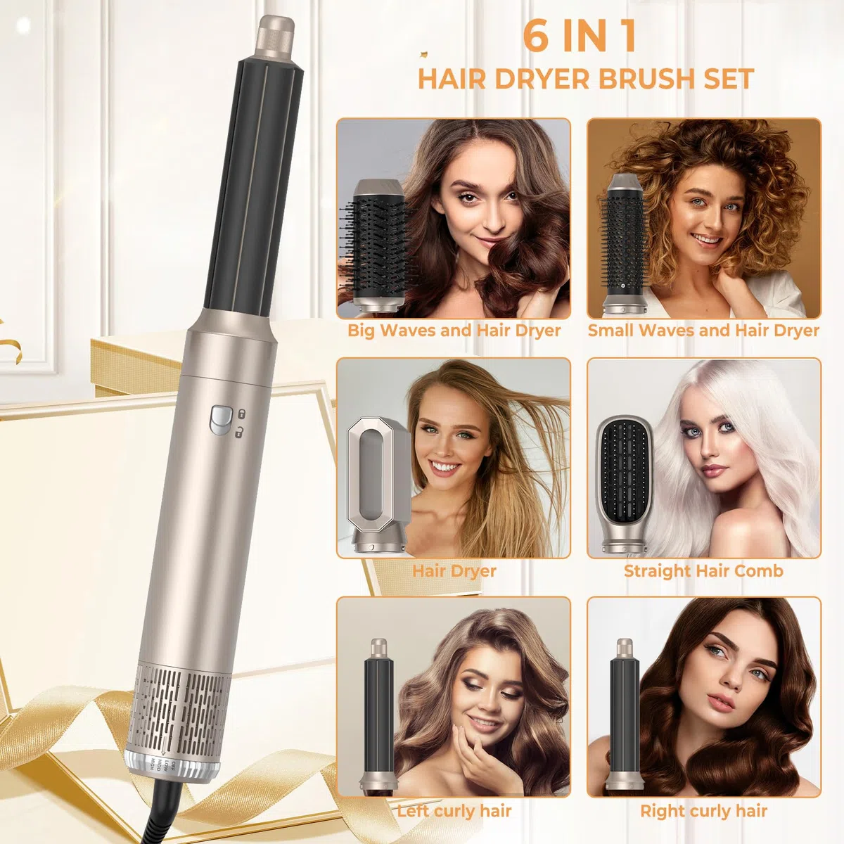MogaWave Airstyler 6 in 1, Professioneller Hairstyler 1000w Föhnbürste, 30mm Air Lockenstab Keine Hitzeschäden, Ionen Haarstyler Rundbürstenföhn für Haar Volumen,Trocknen,Glätten