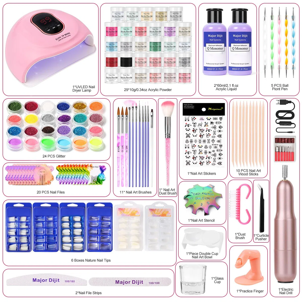 Nagelstudio Set, 29 Farben Acrylpulver mit 2*60ml Acryl Liquid/Monomer Nagelfräser für Gelnägel mit UV Lampe für Gelnägel set, Nageldesign Gelnägel Starterset