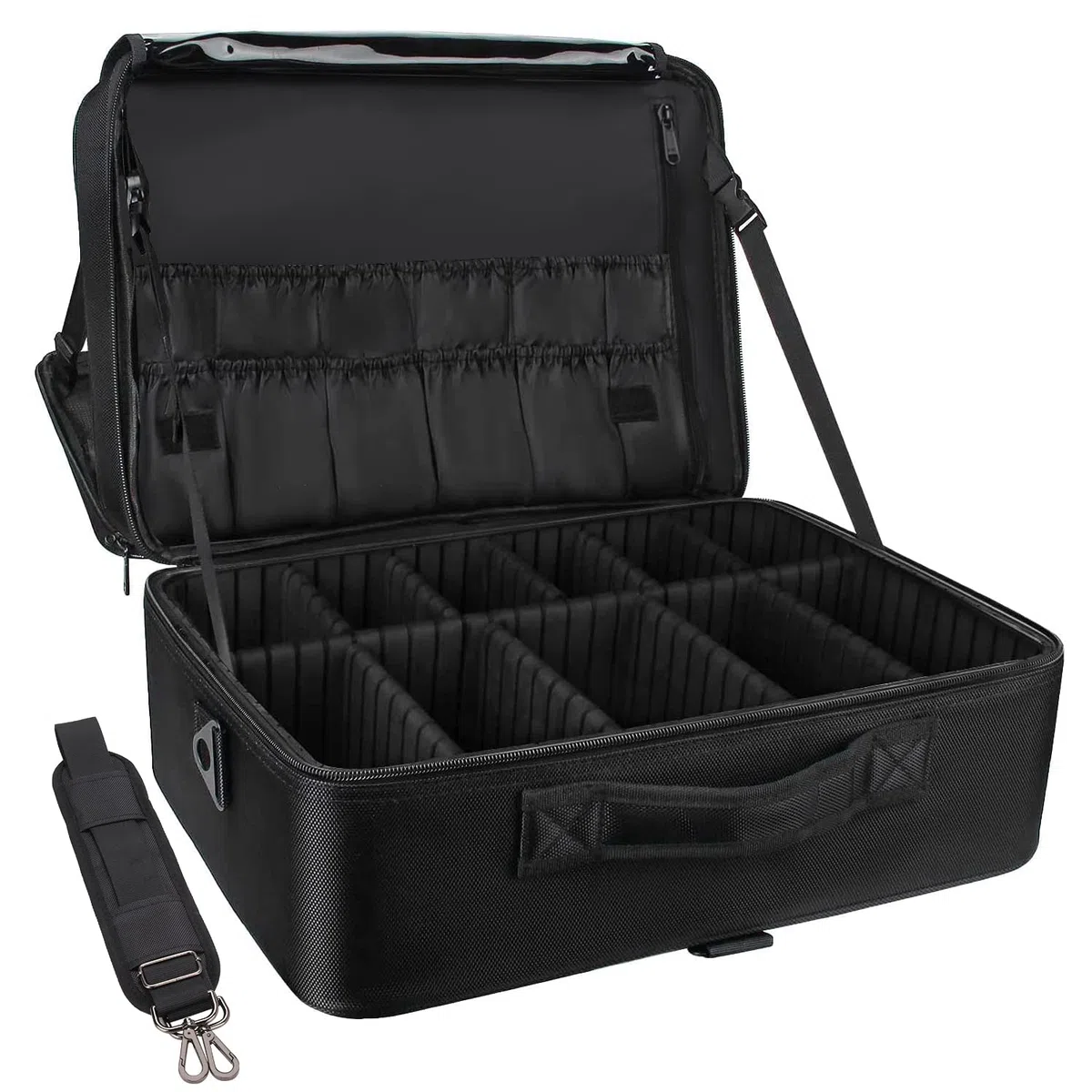 Relavel Extra Groß Make-up-Koffer, Professionelle Make-up-Tasche für Reisen & Visagisten, Tragbare Nagel-Kosmetikbox mit verstellbaren Fächern, Trolley-Anschluss & Schultergurt (Schwarz)