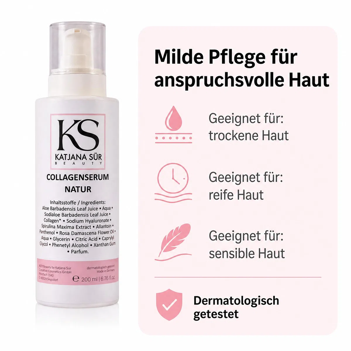 KS Beauty Collagen Serum Natur, Hyaluron & Aloe Vera, 200 ml | Feuchtigkeitsserum für Gesicht mit Rosenöl, Spirulina & Panthenol – dermatologisch getestet, Made in Germany