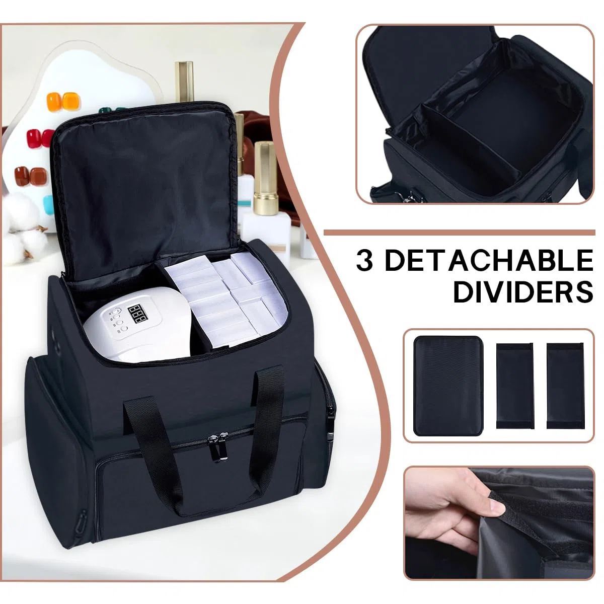 Nagellack Organizer Nagellack Aufbewahrung hält 80 Flaschen (15ml - 0,5 FL.oz) und eine Nagellampe, Nagellack Tasche mit 2 abnehmbaren Taschen und Werkzeugen Aufbewahrungsbereiche,Schwarz