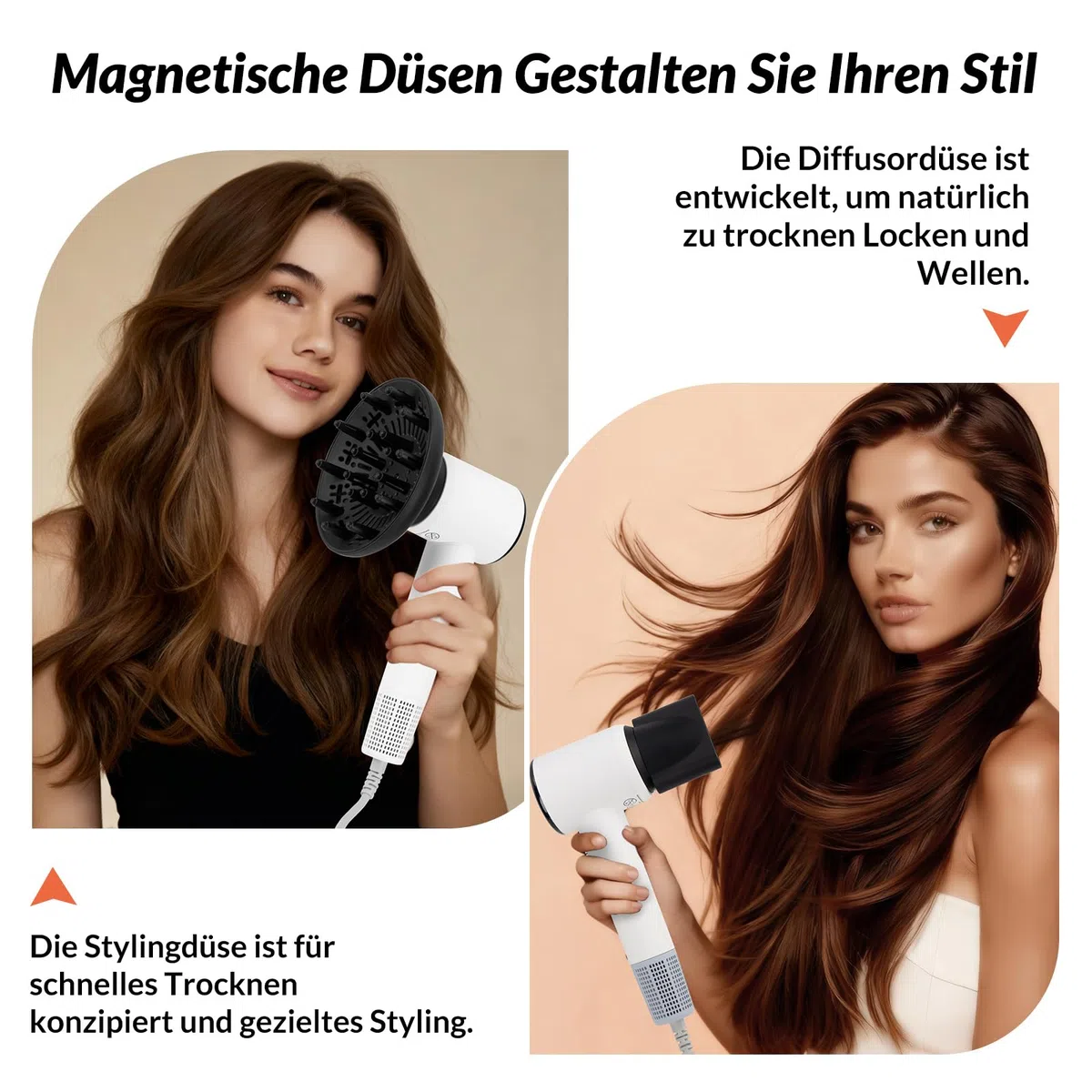 Föhn mit Diffusor, Ionen Reisefön Haartrockner, 1600W mit 110.000 U/min Motor für Leise Schnelles Trocknen, Klein Leicht Fön, mit Stylingdüse, für Damen Herren, Professioneller Salon-Föhn für Zuhause